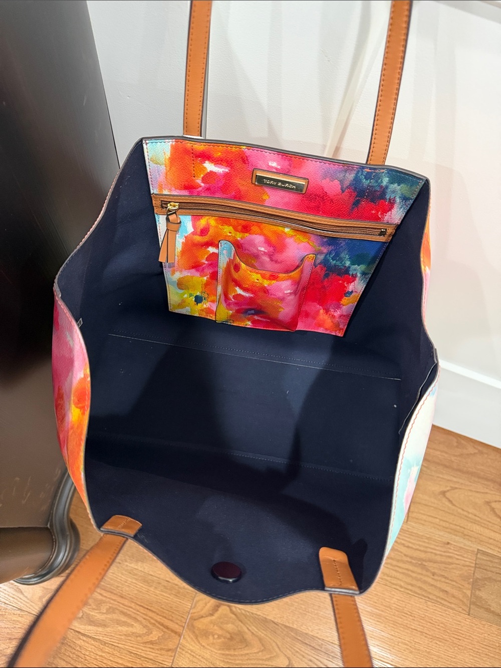 Tory Burch Watercolor Floral Canvas Tote with Brown Leather Handles - Picture 3 of 3